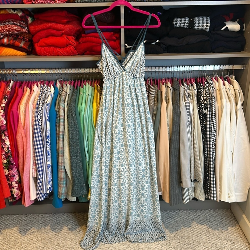 Unbranded blue/white print tie back elastic waistband maxi dress size S